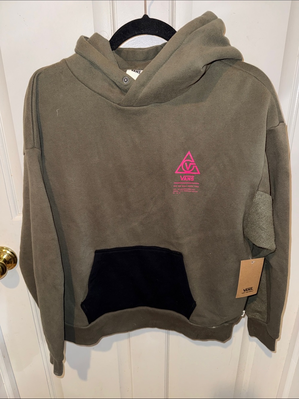 Vans Olive Hoodie with Pink Logo and Black Pocket